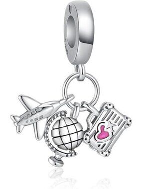 Airplane Globe With Suitcase Dangle Charm Charm 925 Silver Charms For Bracelets